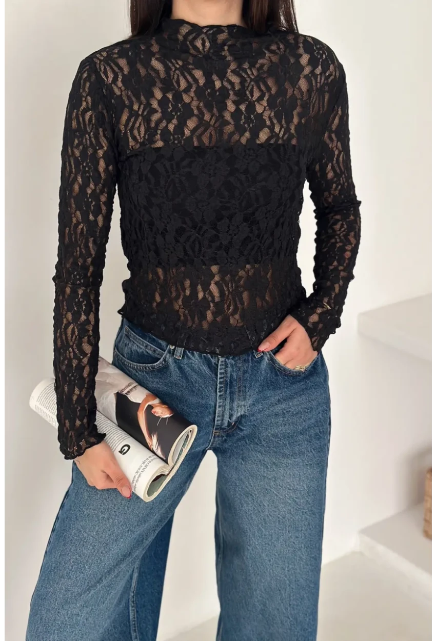 Kadın Transparan Çiçek Desenli Dantel Bluz