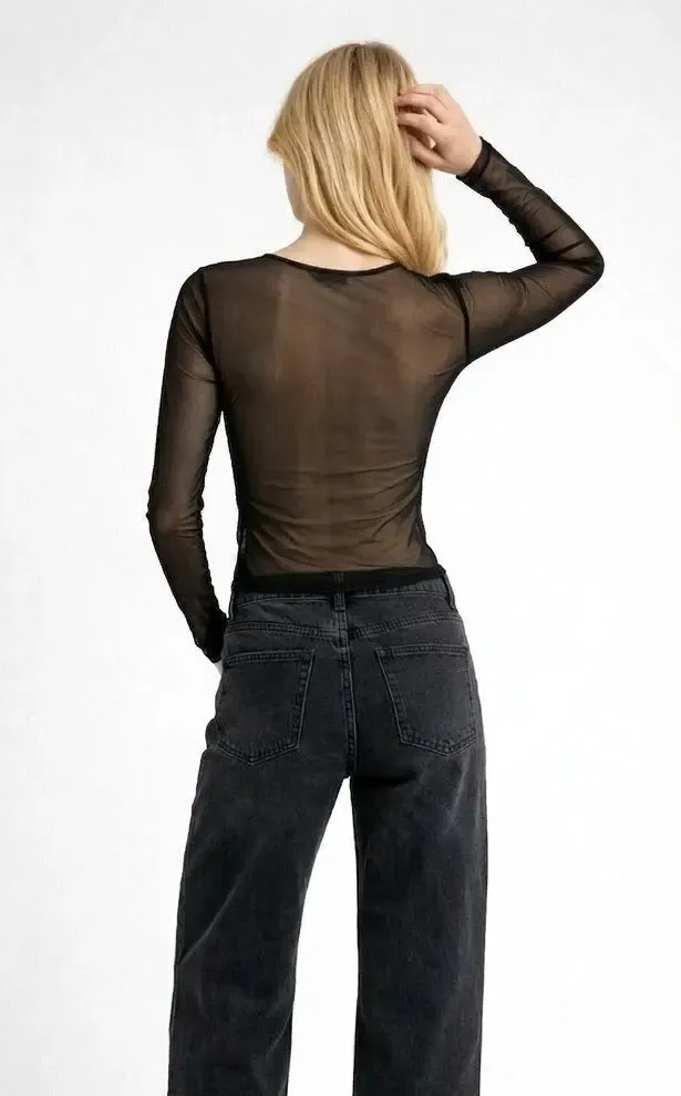 Kadın Transparan Uzun Kollu Likralı Tül Bluz