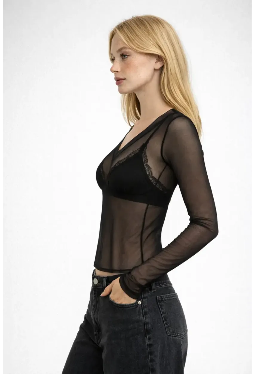 Kadın Transparan Uzun Kollu Likralı Tül Bluz