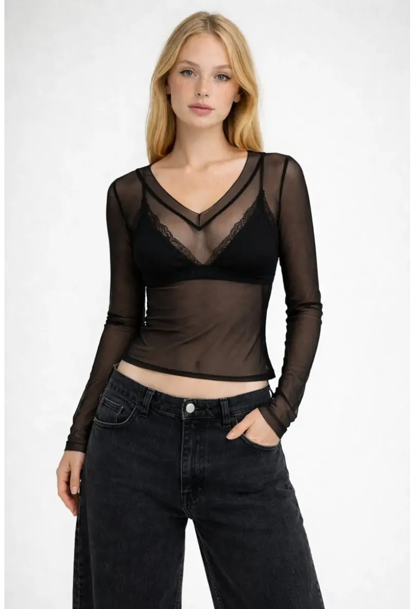 Kadın Transparan Uzun Kollu Likralı Tül Bluz