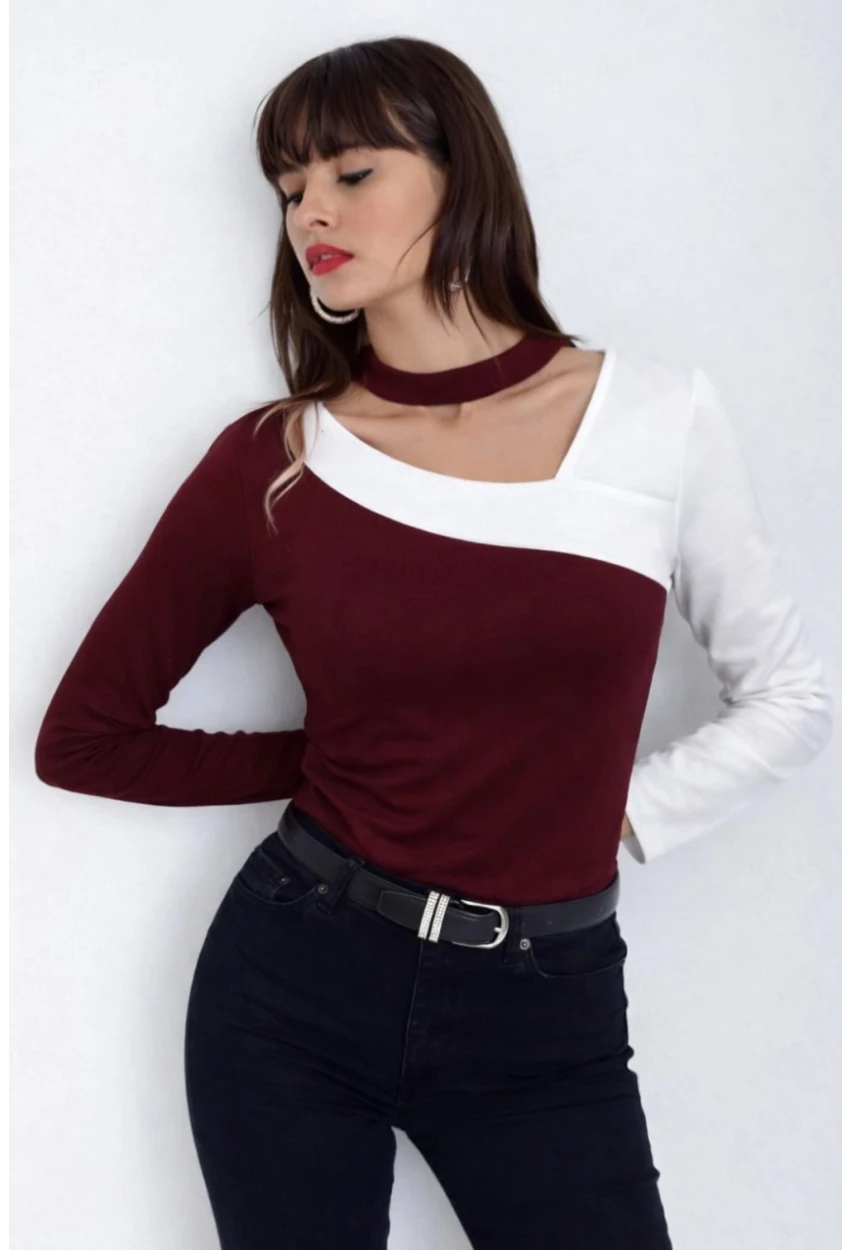 Kadın Yaka Asimetrik Renk Bloklu Bluz Bordo