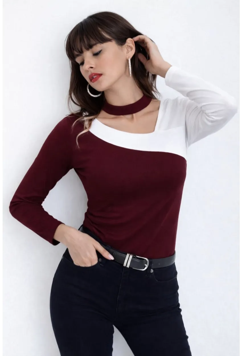 Kadın Yaka Asimetrik Renk Bloklu Bluz Bordo