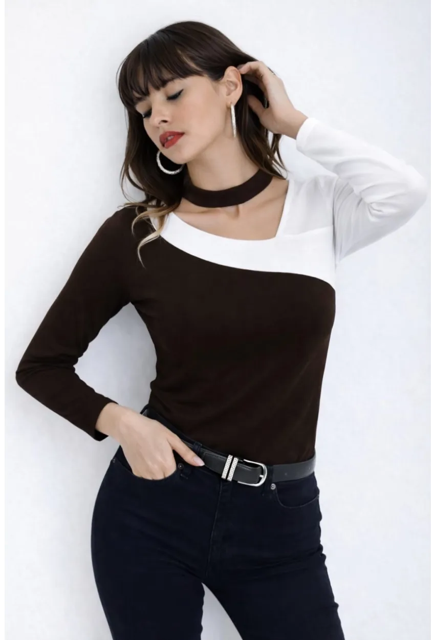 Kadın Yaka Asimetrik Renk Bloklu Bluz Kahve