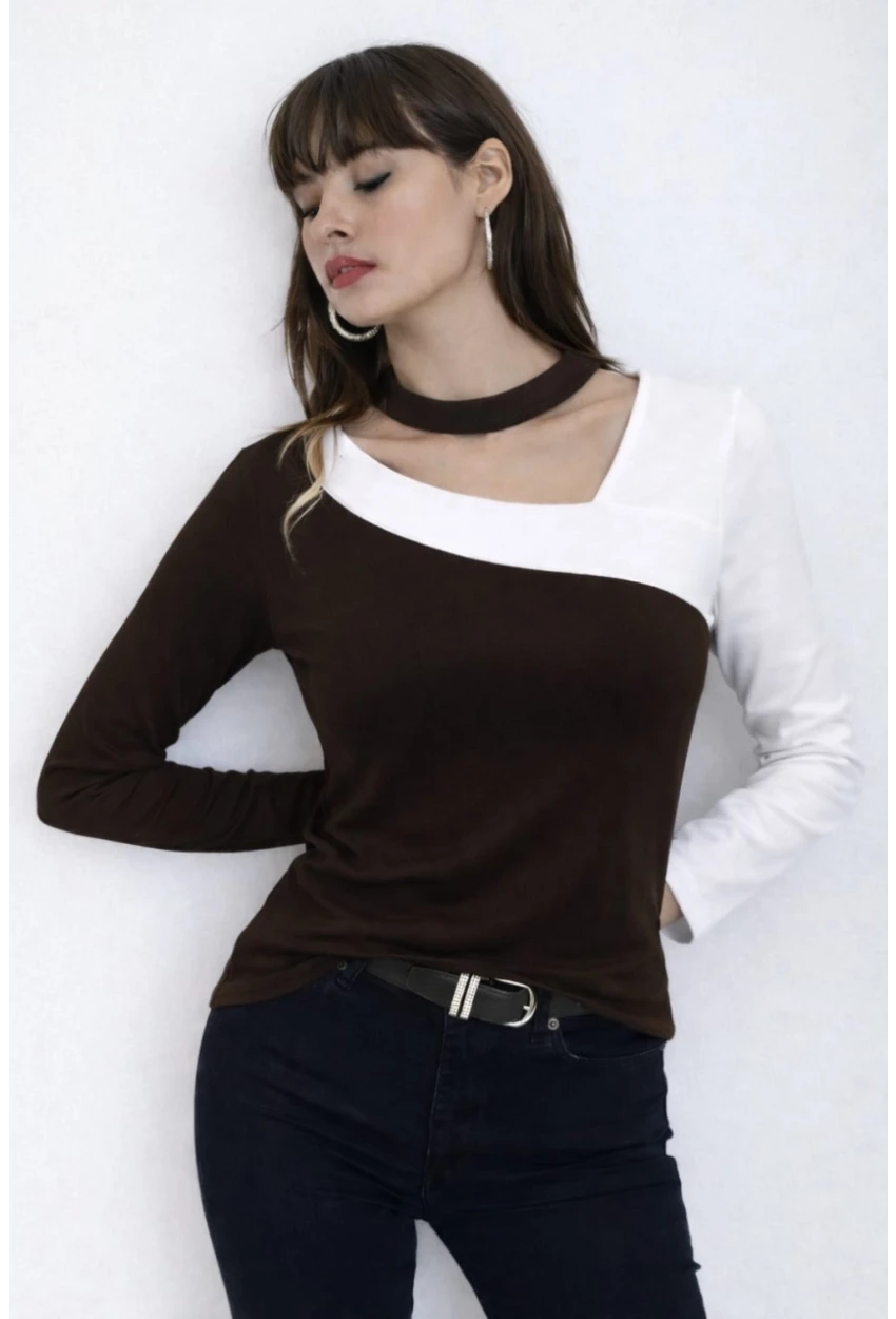 Kadın Yaka Asimetrik Renk Bloklu Bluz Kahve