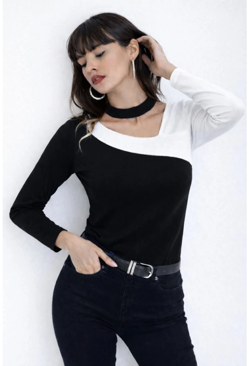 Kadın Yaka Asimetrik Renk Bloklu Bluz Siyah