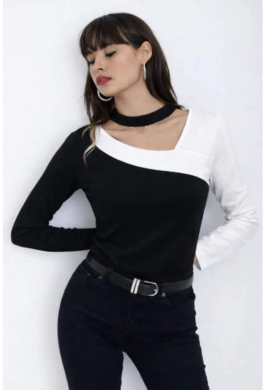 Kadın Yaka Asimetrik Renk Bloklu Bluz Siyah