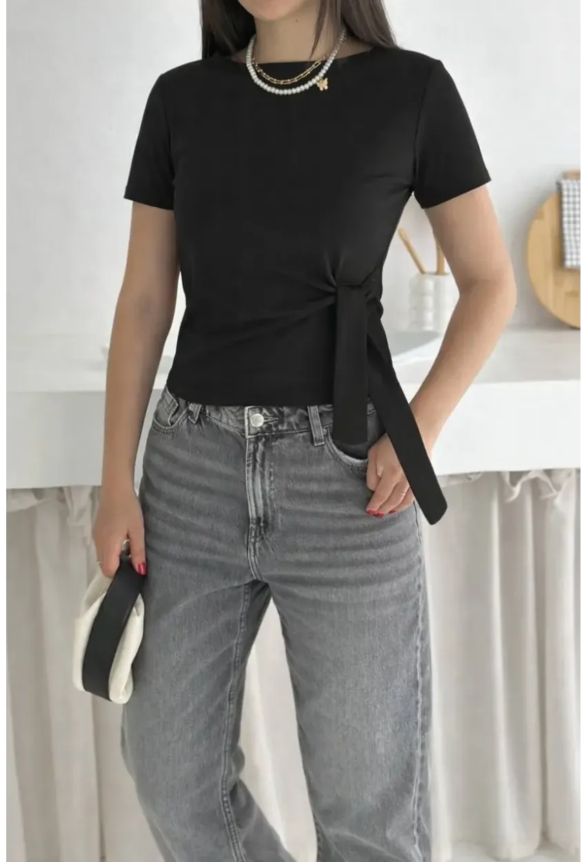 Kadın Yandan Bağlama Detaylı Bluz Siyah