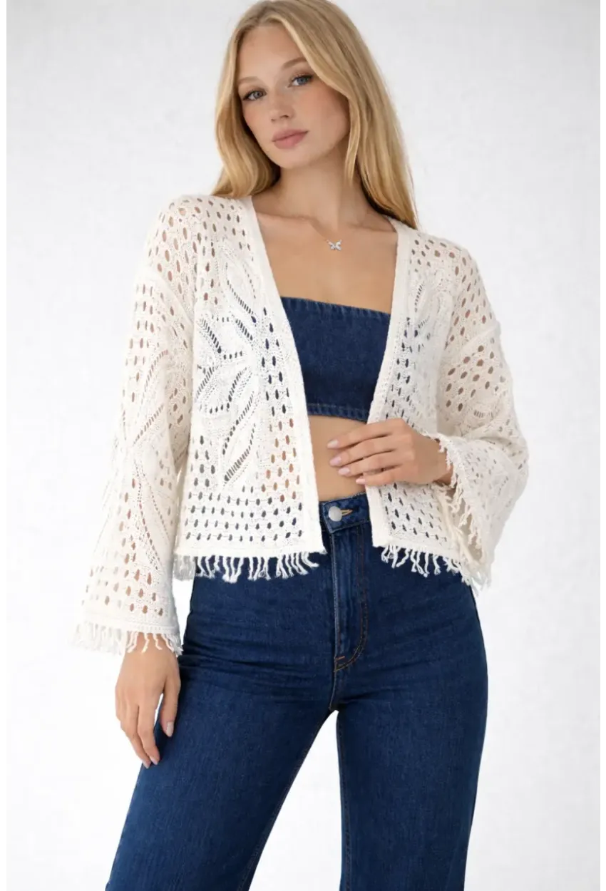 Kadın Yaprak Desenli Püsküllü Triko Hırka