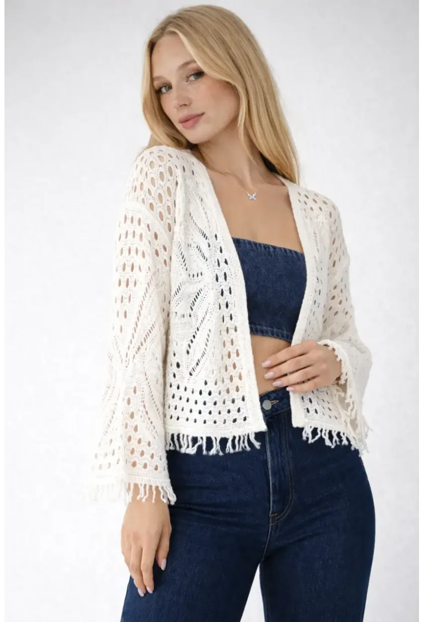 Kadın Yaprak Desenli Püsküllü Triko Hırka