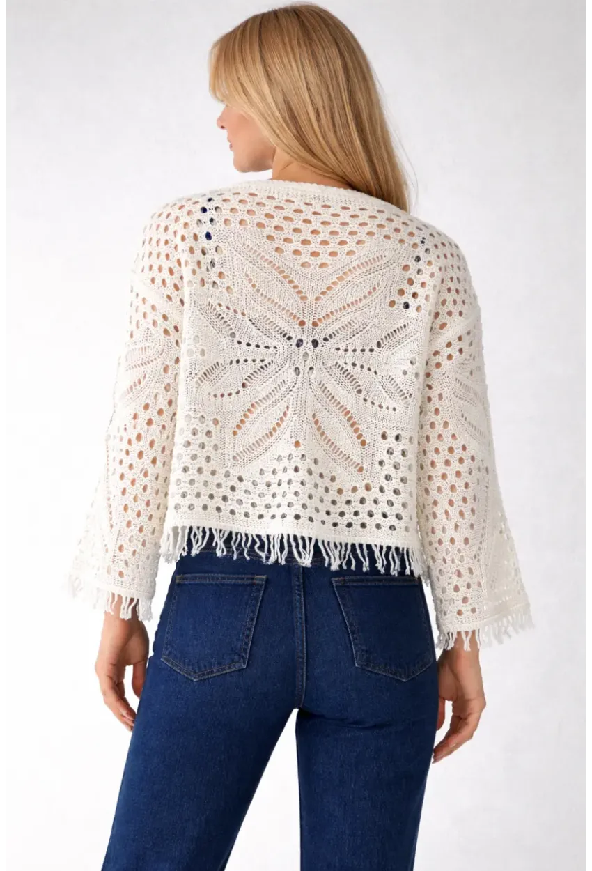 Kadın Yaprak Desenli Püsküllü Triko Hırka