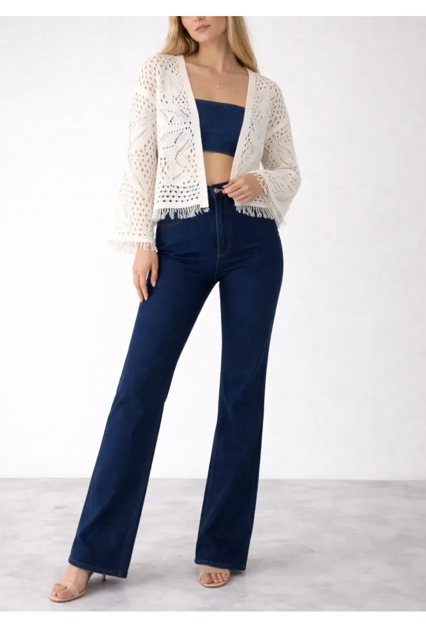 Kadın Yaprak Desenli Püsküllü Triko Hırka