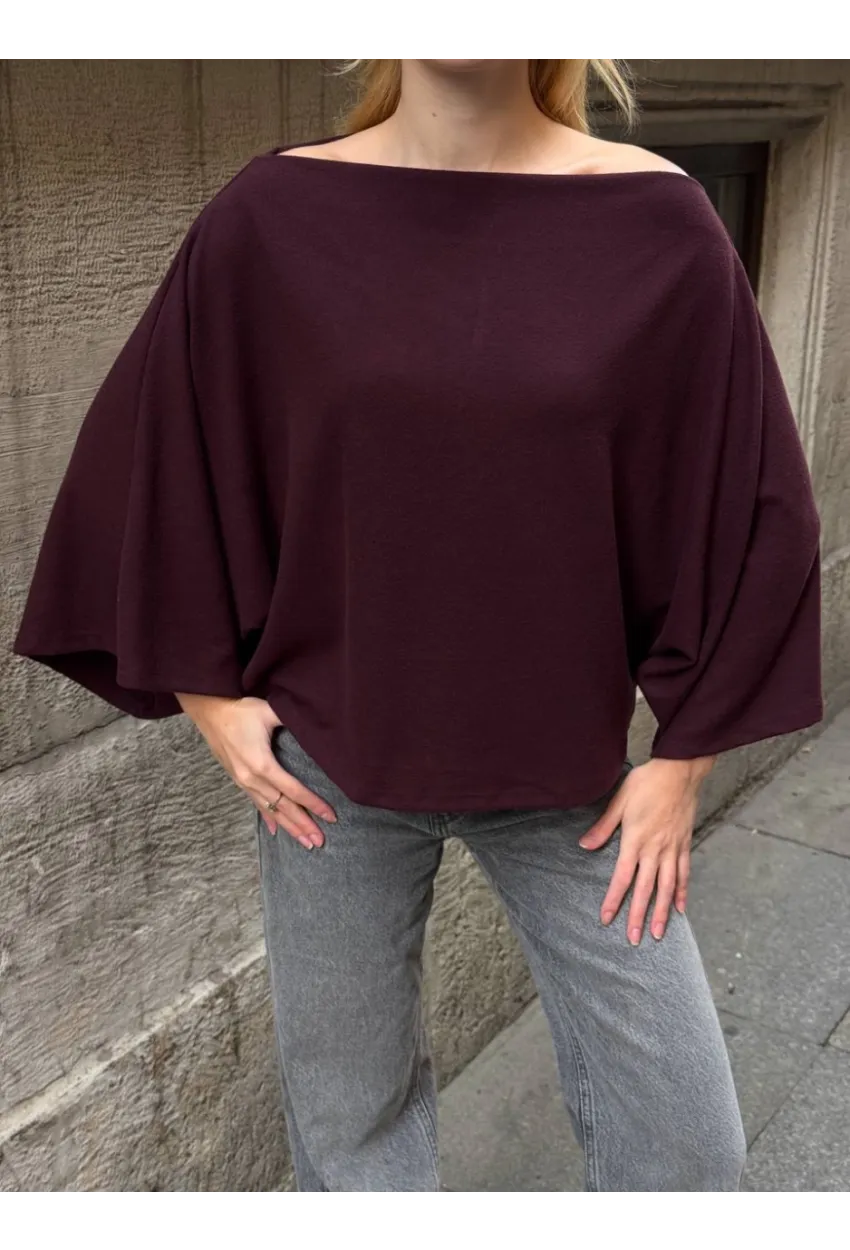 Kadın Yarasa Kol Panço Bluz Bordo