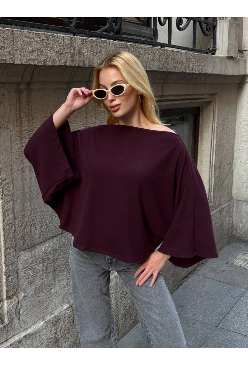 Kadın Yarasa Kol Panço Bluz Bordo