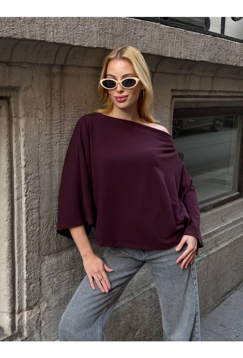 Kadın Yarasa Kol Panço Bluz Bordo