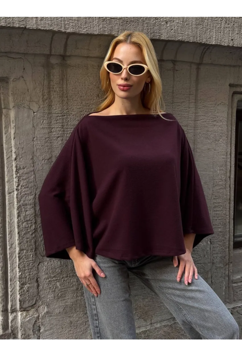 Kadın Yarasa Kol Panço Bluz Bordo