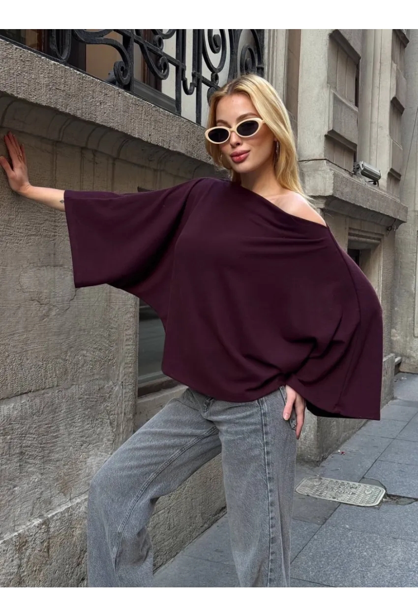 Kadın Yarasa Kol Panço Bluz Bordo