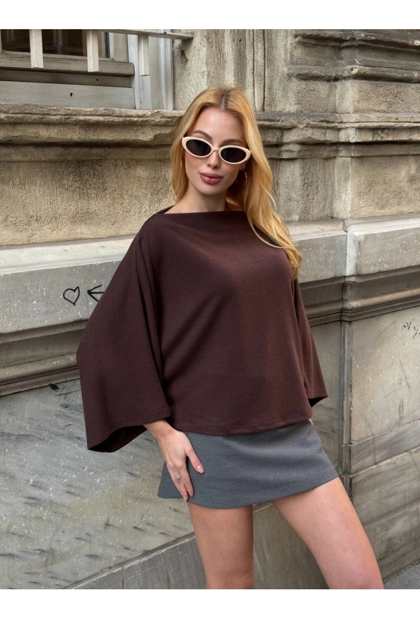 Kadın Yarasa Kol Panço Bluz Kahve