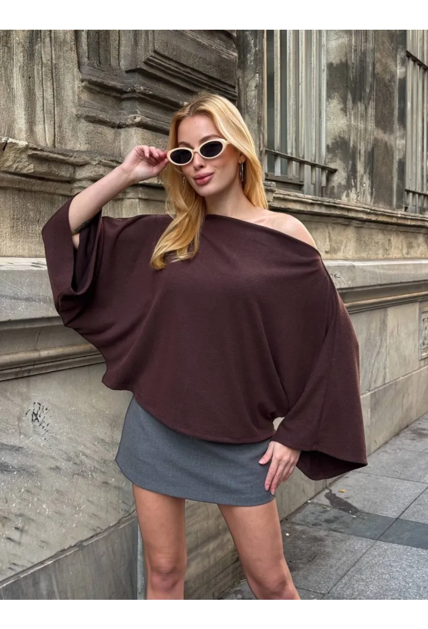 Kadın Yarasa Kol Panço Bluz Kahve
