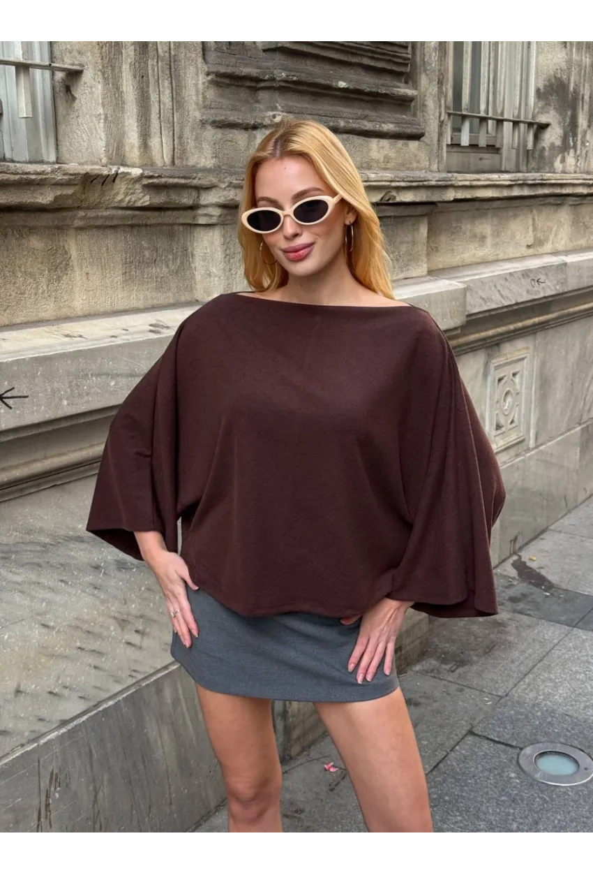 Kadın Yarasa Kol Panço Bluz Kahve