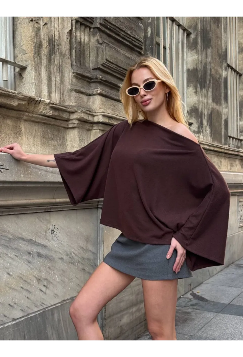 Kadın Yarasa Kol Panço Bluz Kahve
