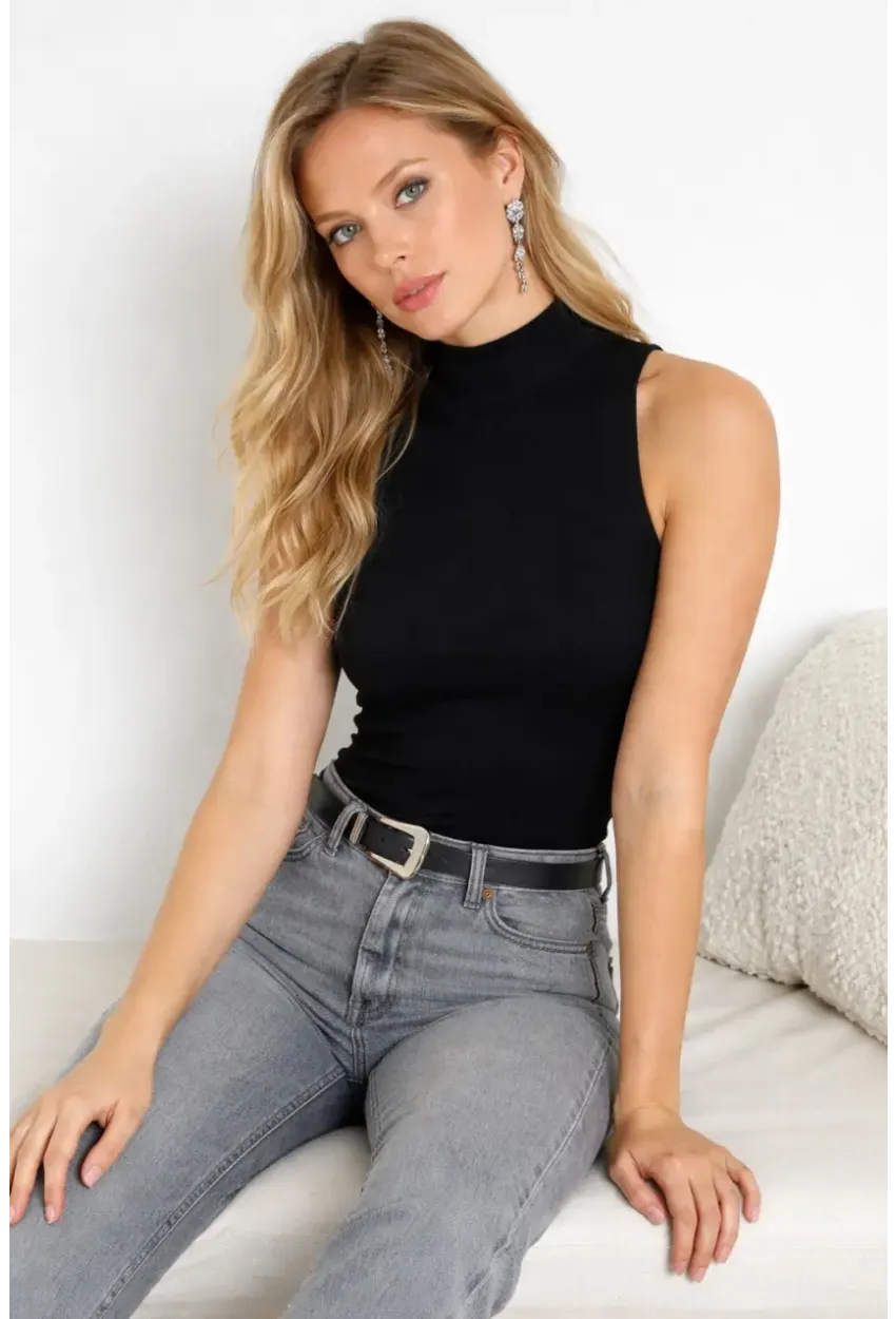 Kadın Yarım Balıkcı Kolsuz Siyah Kaşkorse Bluz