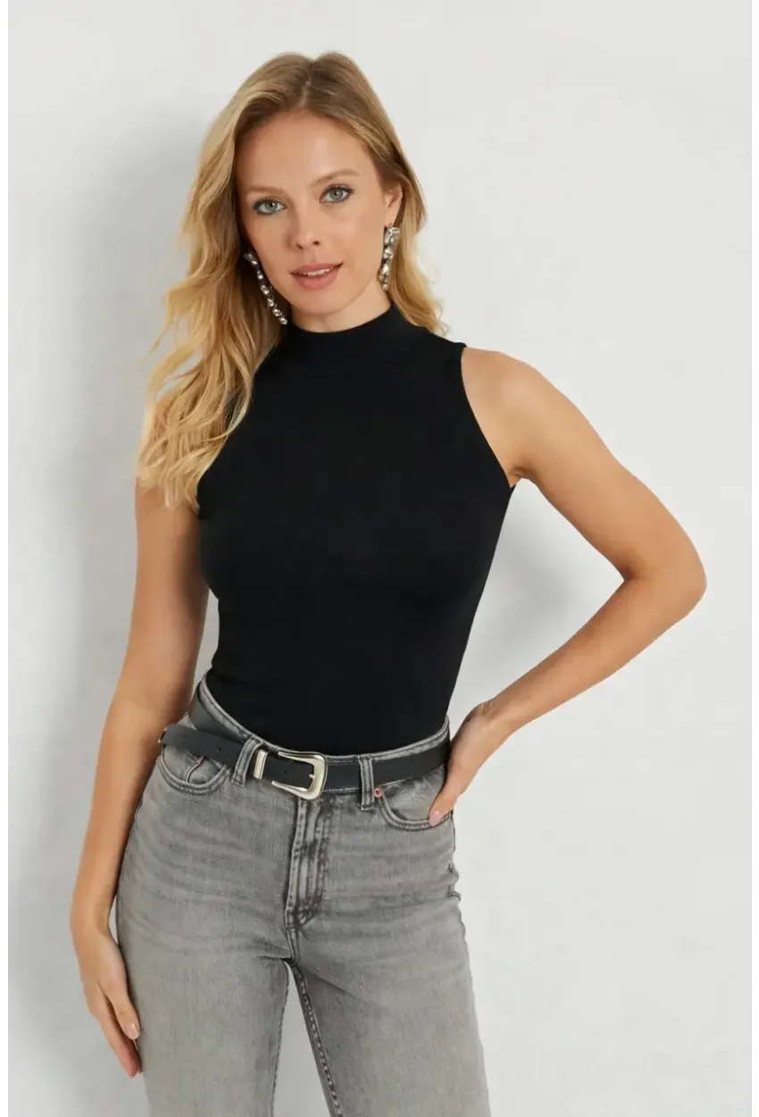 Kadın Yarım Balıkcı Kolsuz Siyah Kaşkorse Bluz