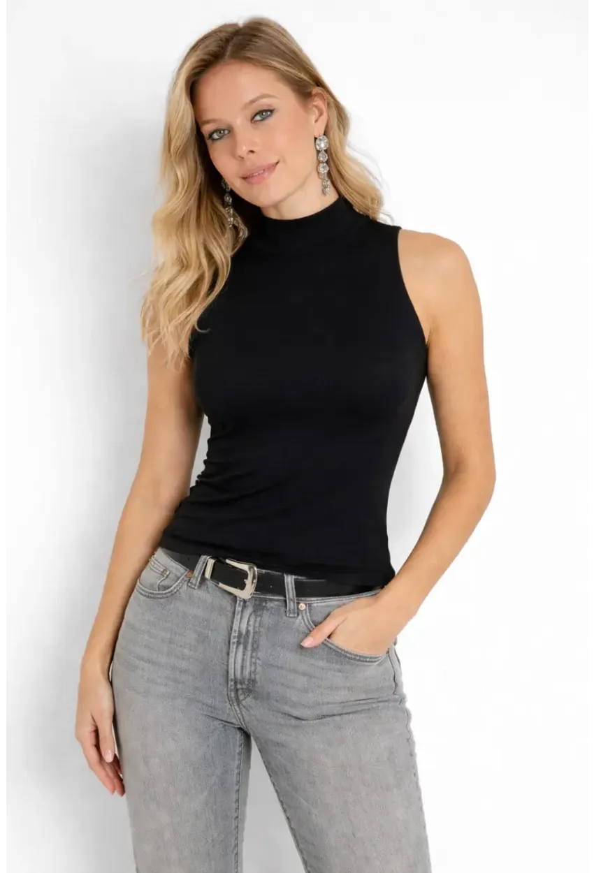 Kadın Yarım Balıkcı Kolsuz Siyah Kaşkorse Bluz