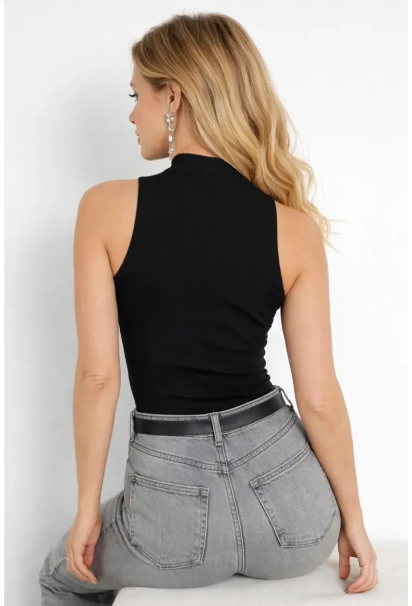 Kadın Yarım Balıkcı Kolsuz Siyah Kaşkorse Bluz