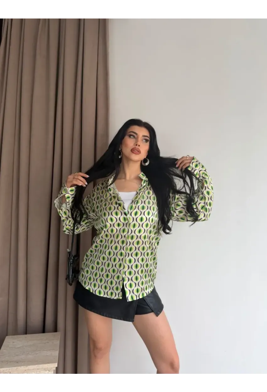 Kadın Yeşil Desenli Saten Gömlek