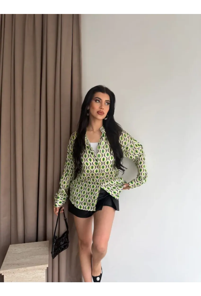 Kadın Yeşil Desenli Saten Gömlek