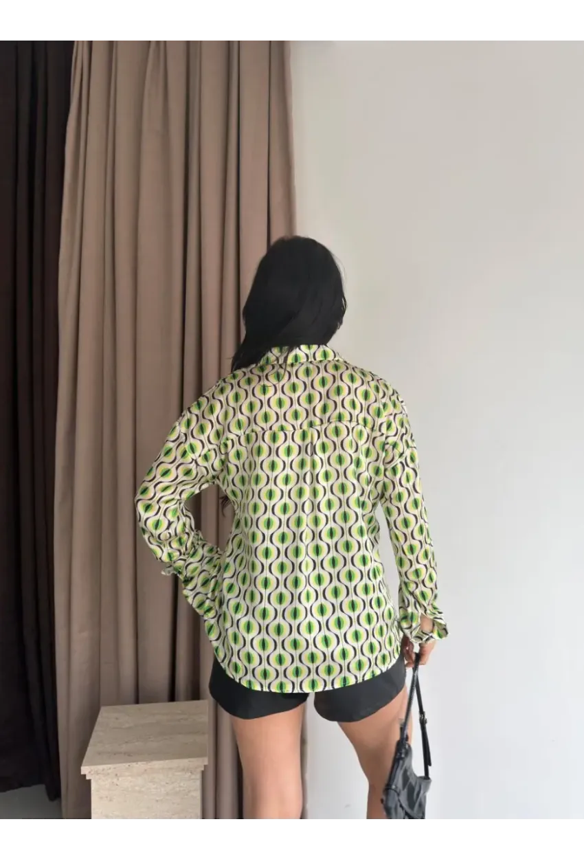 Kadın Yeşil Desenli Saten Gömlek