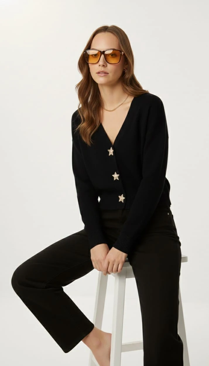 Kadın Yıldız Düğme Detaylı Triko Hırka