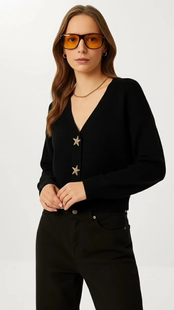 Kadın Yıldız Düğme Detaylı Triko Hırka
