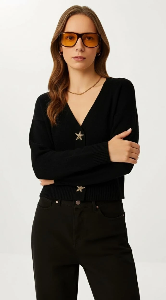 Kadın Yıldız Düğme Detaylı Triko Hırka