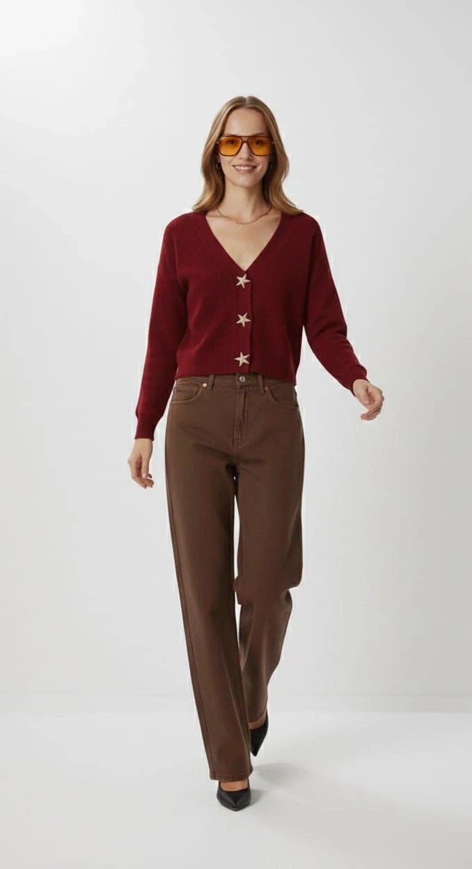 Kadın Yıldız Düğme Detaylı Triko Hırka