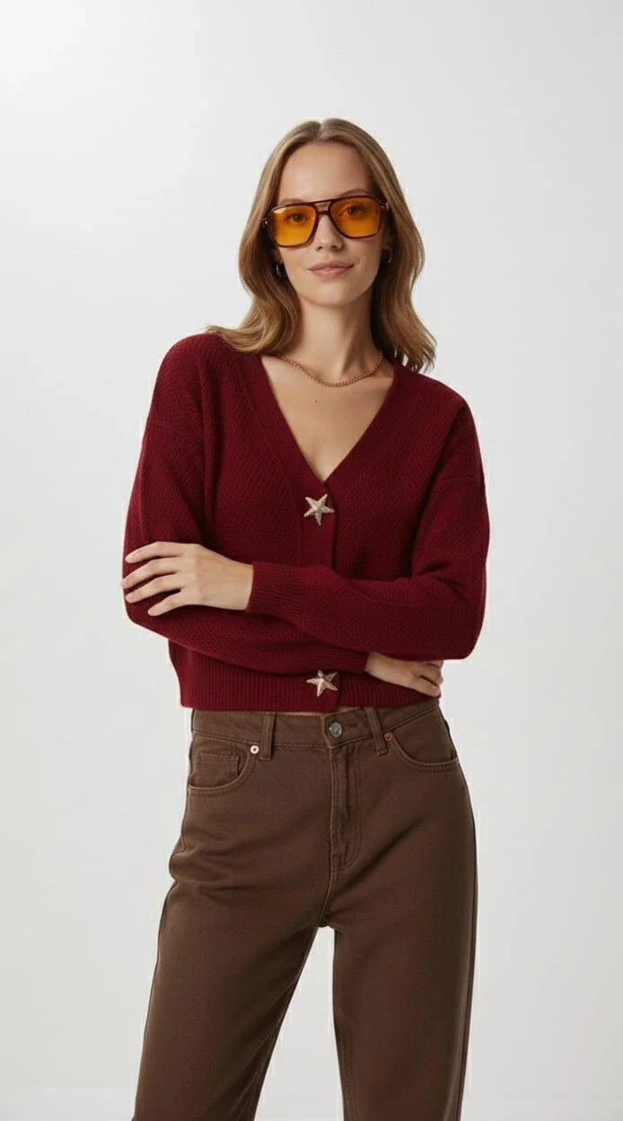 Kadın Yıldız Düğme Detaylı Triko Hırka