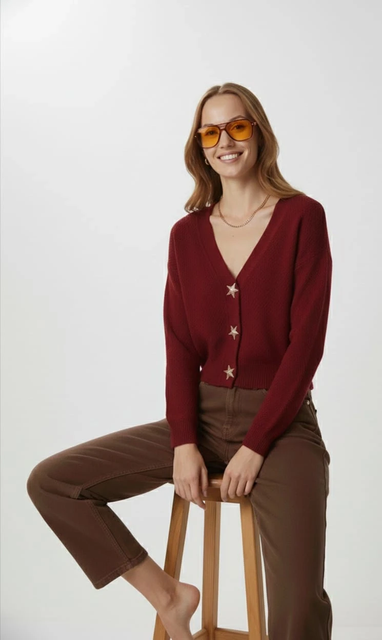 Kadın Yıldız Düğme Detaylı Triko Hırka