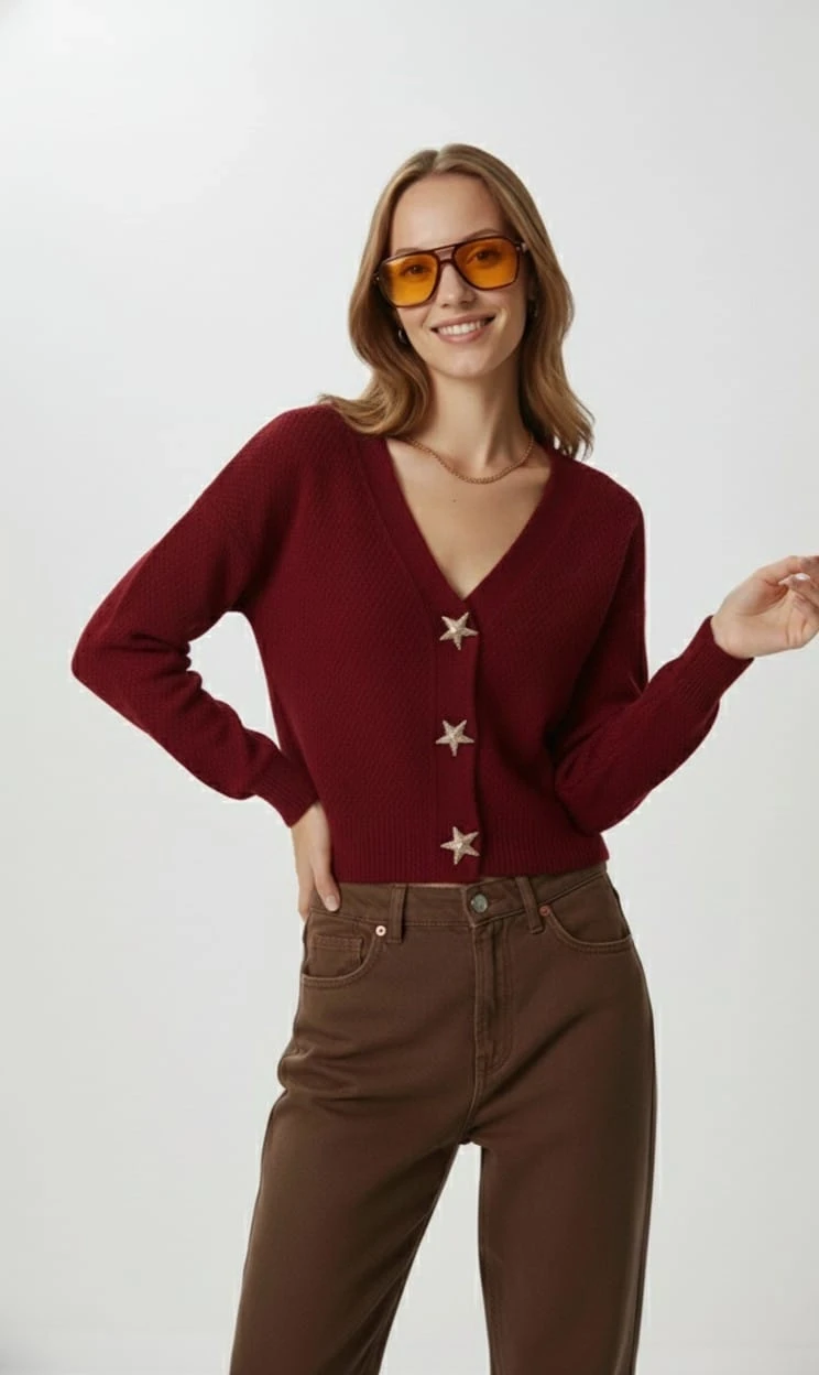 Kadın Yıldız Düğme Detaylı Triko Hırka