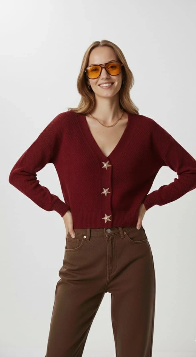 Kadın Yıldız Düğme Detaylı Triko Hırka