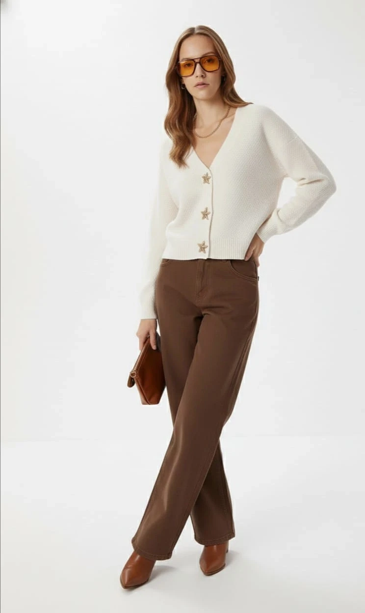 Kadın Yıldız Düğme Detaylı Triko Hırka