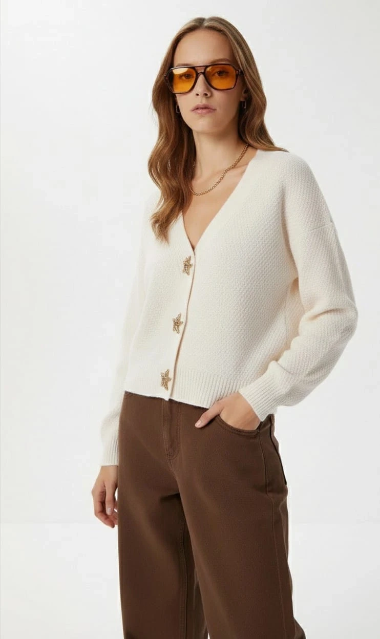 Kadın Yıldız Düğme Detaylı Triko Hırka