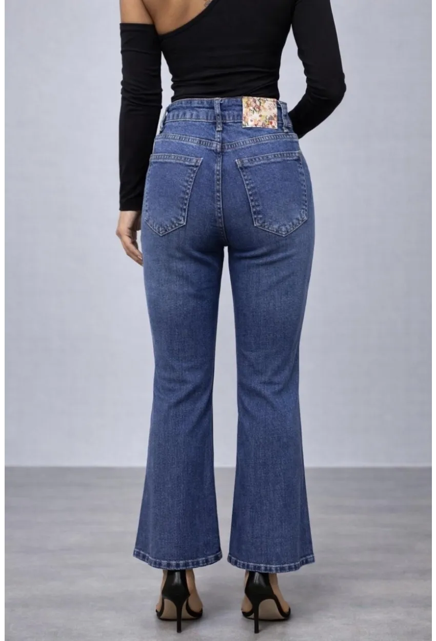 Kadın Yüksek Bel Dikiş Detaylı İspanyol Paça Jean Pantolon