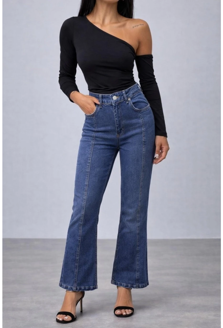 Kadın Yüksek Bel Dikiş Detaylı İspanyol Paça Jean Pantolon