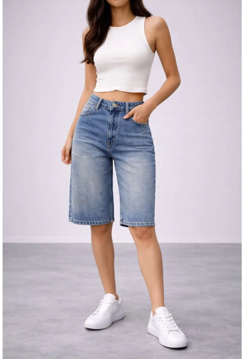 Kadın Yüksek Bel Salaş Jean Bermuda Lacivert