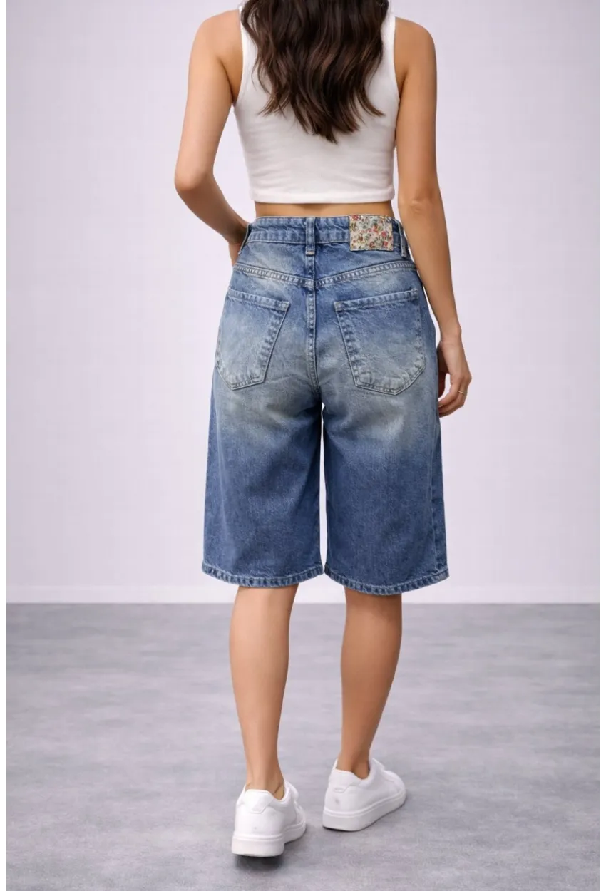 Kadın Yüksek Bel Salaş Jean Bermuda Lacivert
