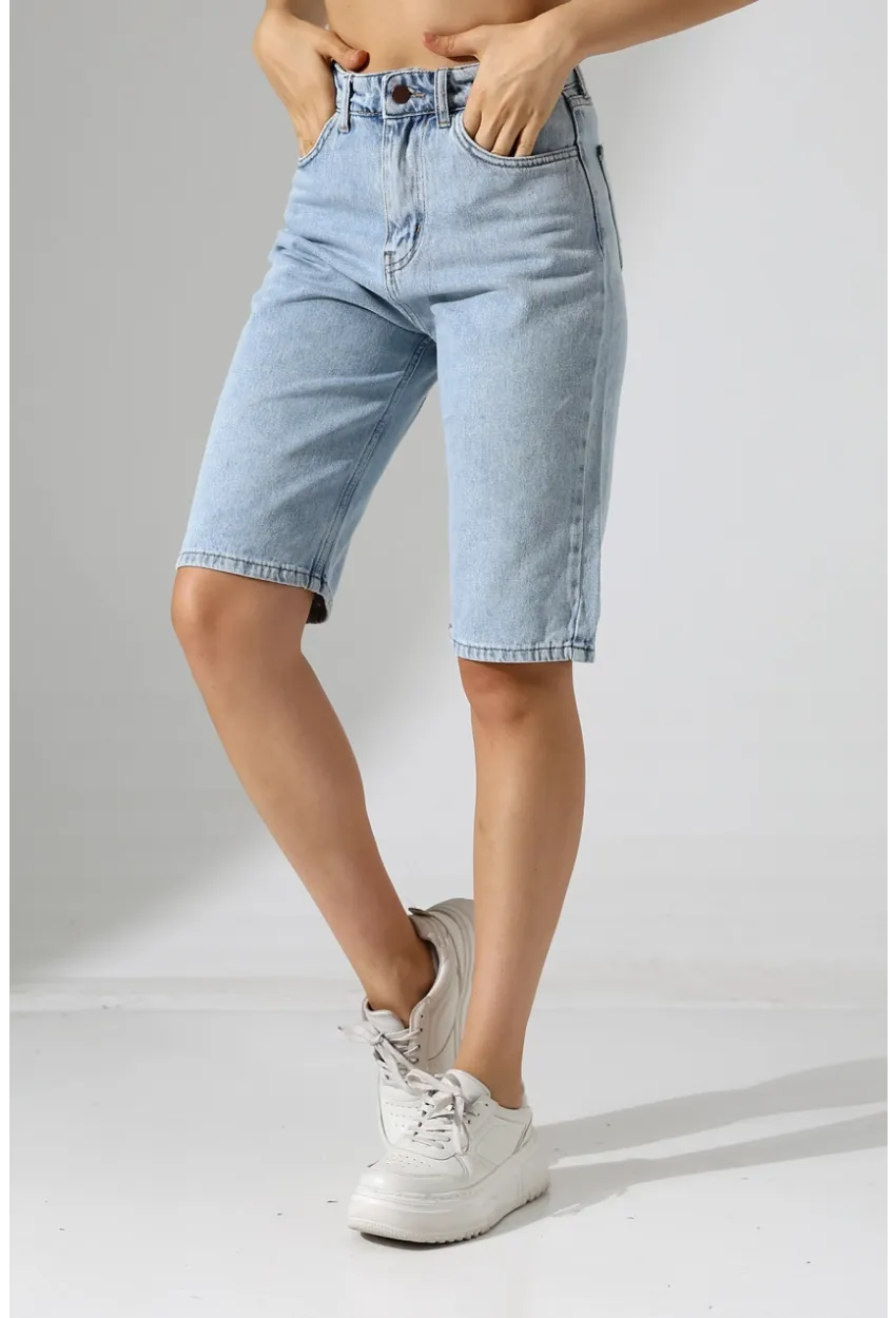 Kadın Yüksek Bel Salaş Jean Bermuda Mavi