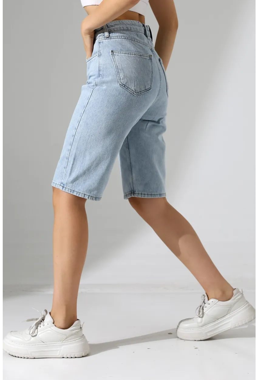 Kadın Yüksek Bel Salaş Jean Bermuda Mavi