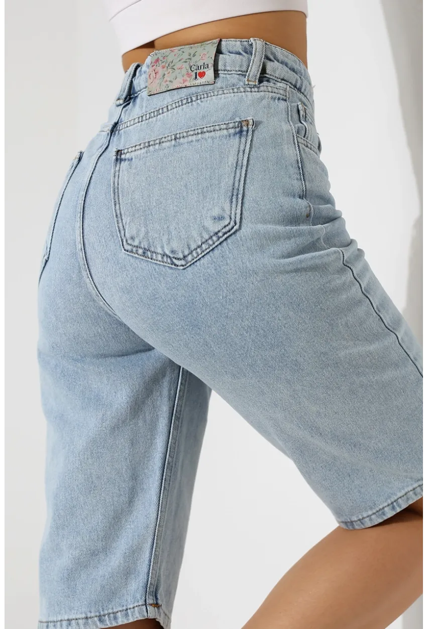 Kadın Yüksek Bel Salaş Jean Bermuda Mavi
