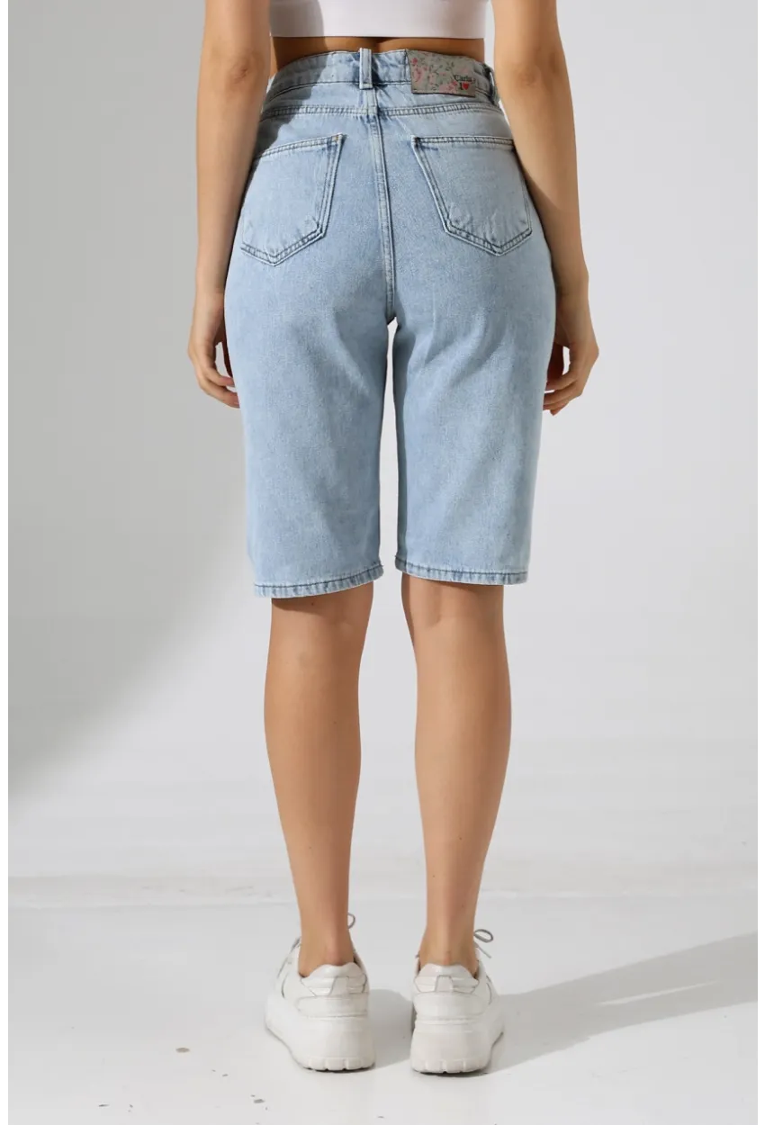 Kadın Yüksek Bel Salaş Jean Bermuda Mavi
