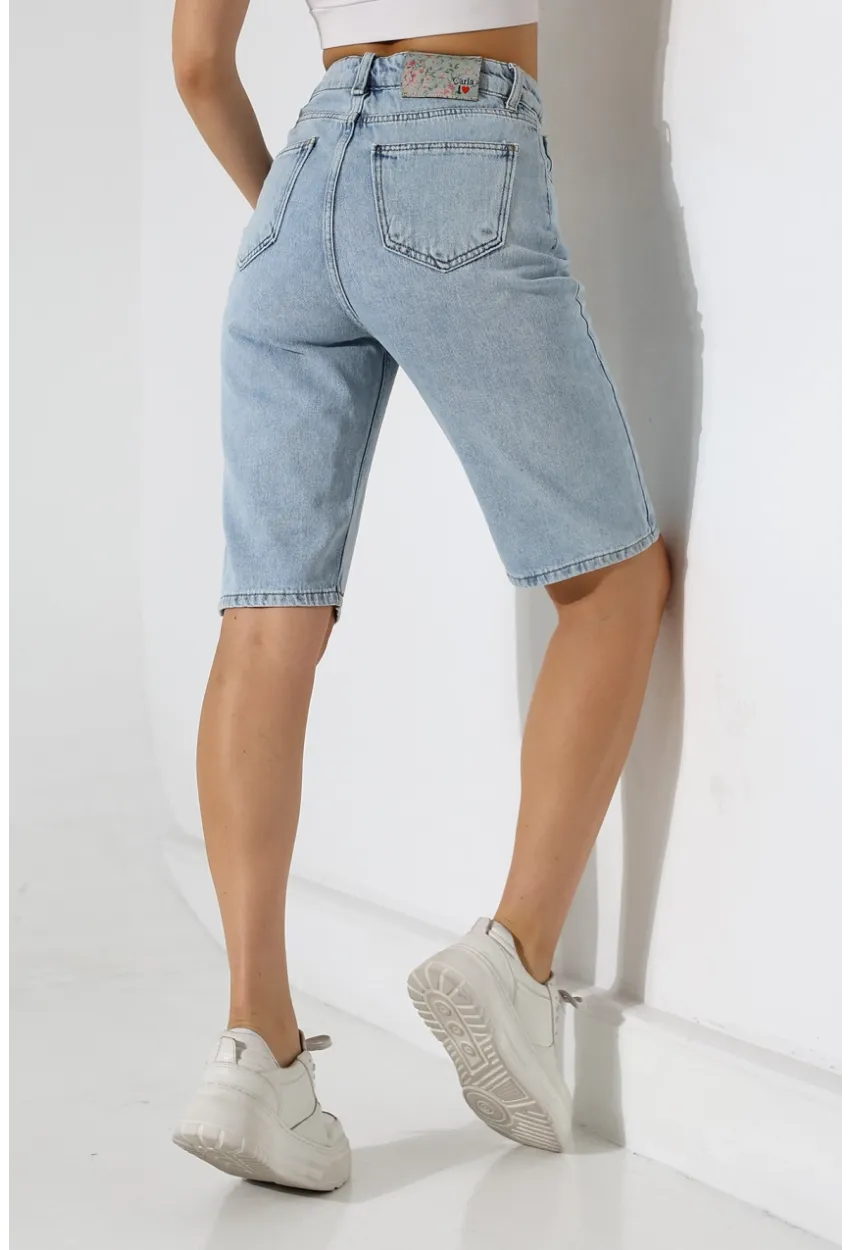 Kadın Yüksek Bel Salaş Jean Bermuda Mavi